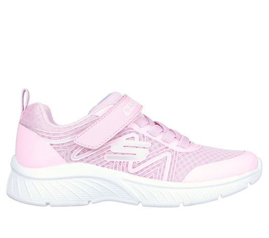 Skechers Swirl Sweet in pink, featuring the Skechers logo. Velcro fastening with flat elastic bungee laces. Right side view.