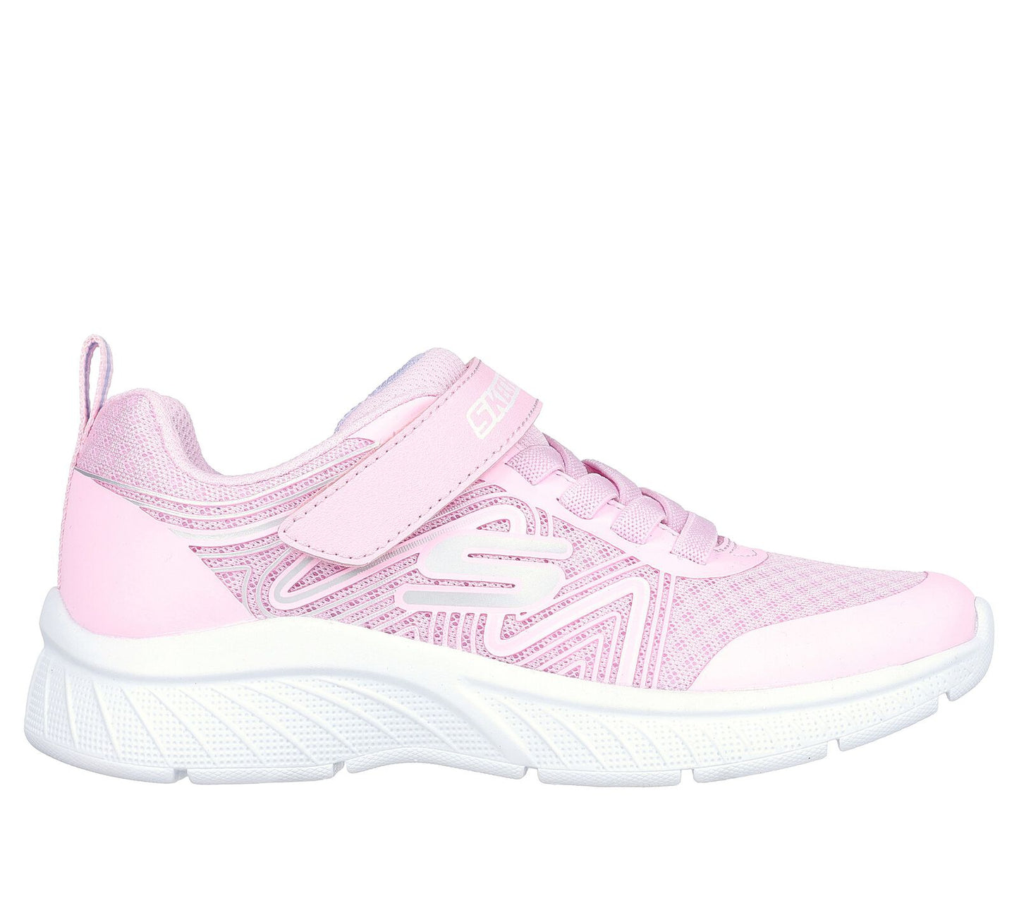 Skechers Swirl Sweet in pink, featuring the Skechers logo. Velcro fastening with flat elastic bungee laces. Right side view.