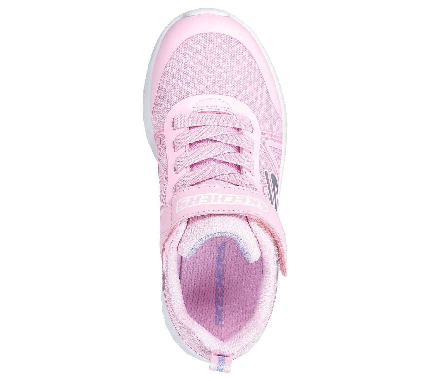 Skechers Swirl Sweet in pink, featuring the Skechers logo. Velcro fastening with flat elastic bungee laces. Top view.