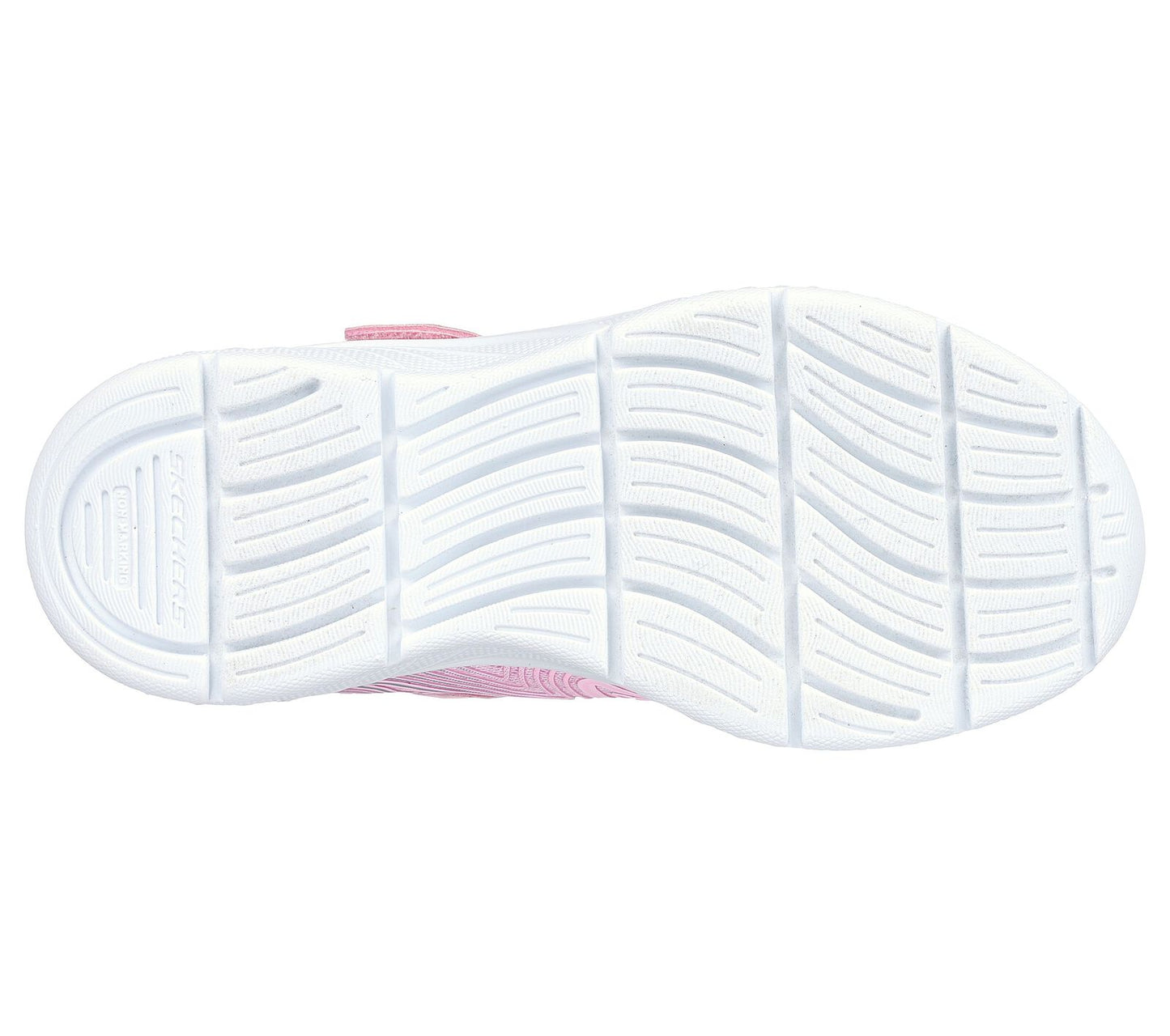 Skechers Swirl Sweet in pink, featuring the Skechers logo. Velcro fastening with flat elastic bungee laces. Sole view.