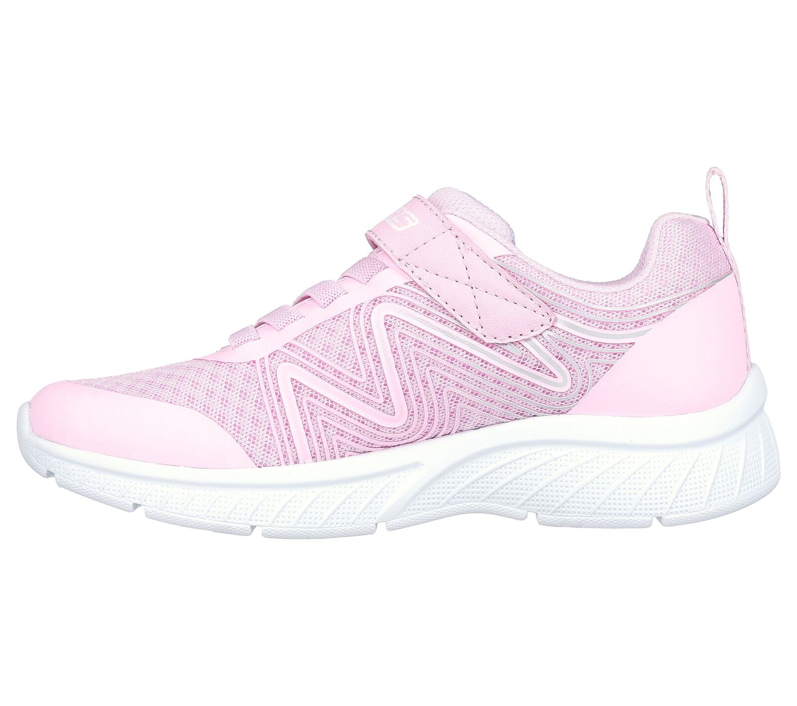 Skechers Swirl Sweet in pink, featuring the Skechers logo. Velcro fastening with flat elastic bungee laces. Left side view.