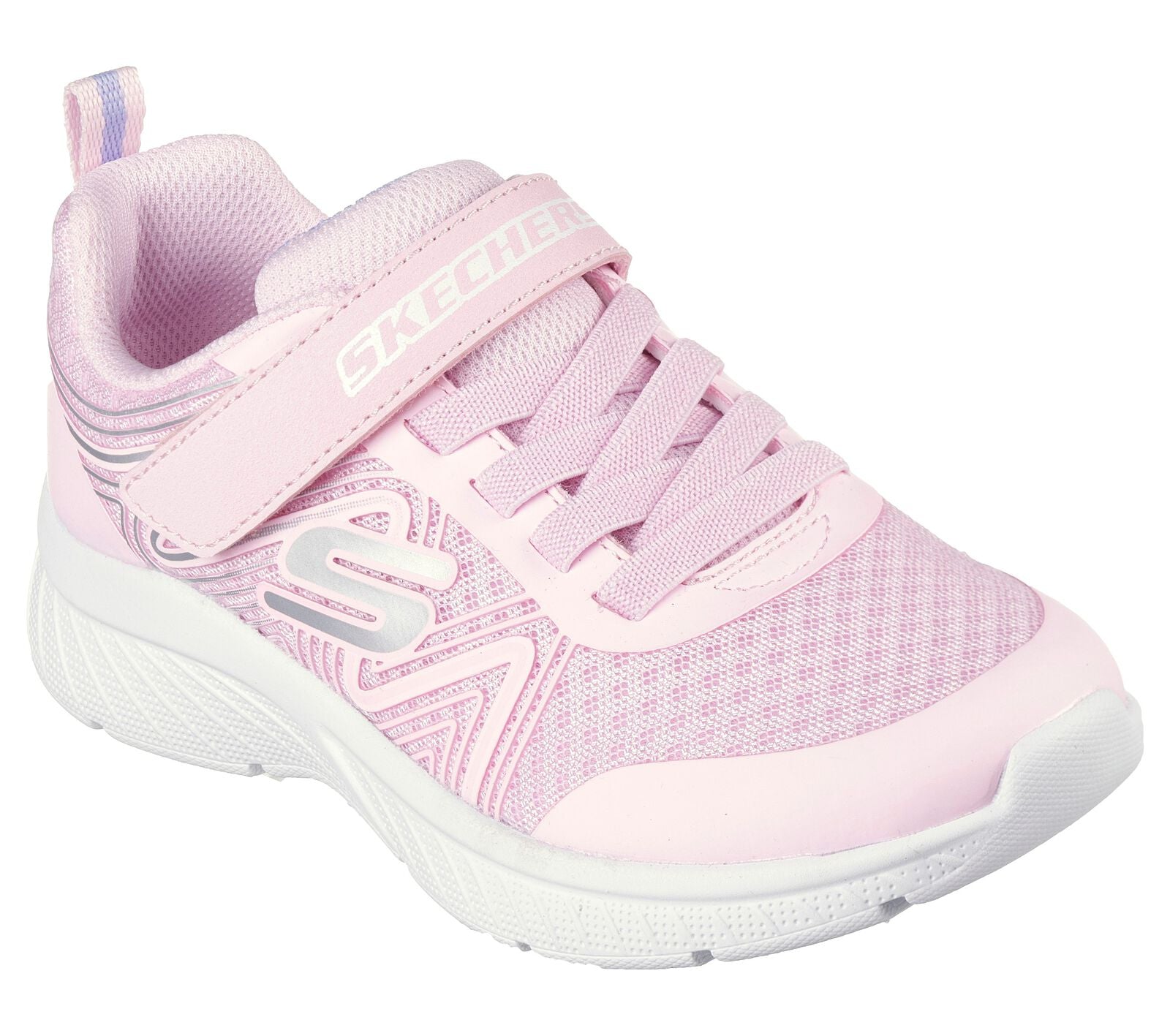 Skechers Swirl Sweet in pink, featuring the Skechers logo. Velcro fastening with flat elastic bungee laces. Right angled view.