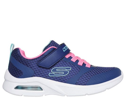 A girls trainer by Skechers, style Microspec Racer Gal, in Blue with neon pink bungee lace and velcro fastening. Right side view.