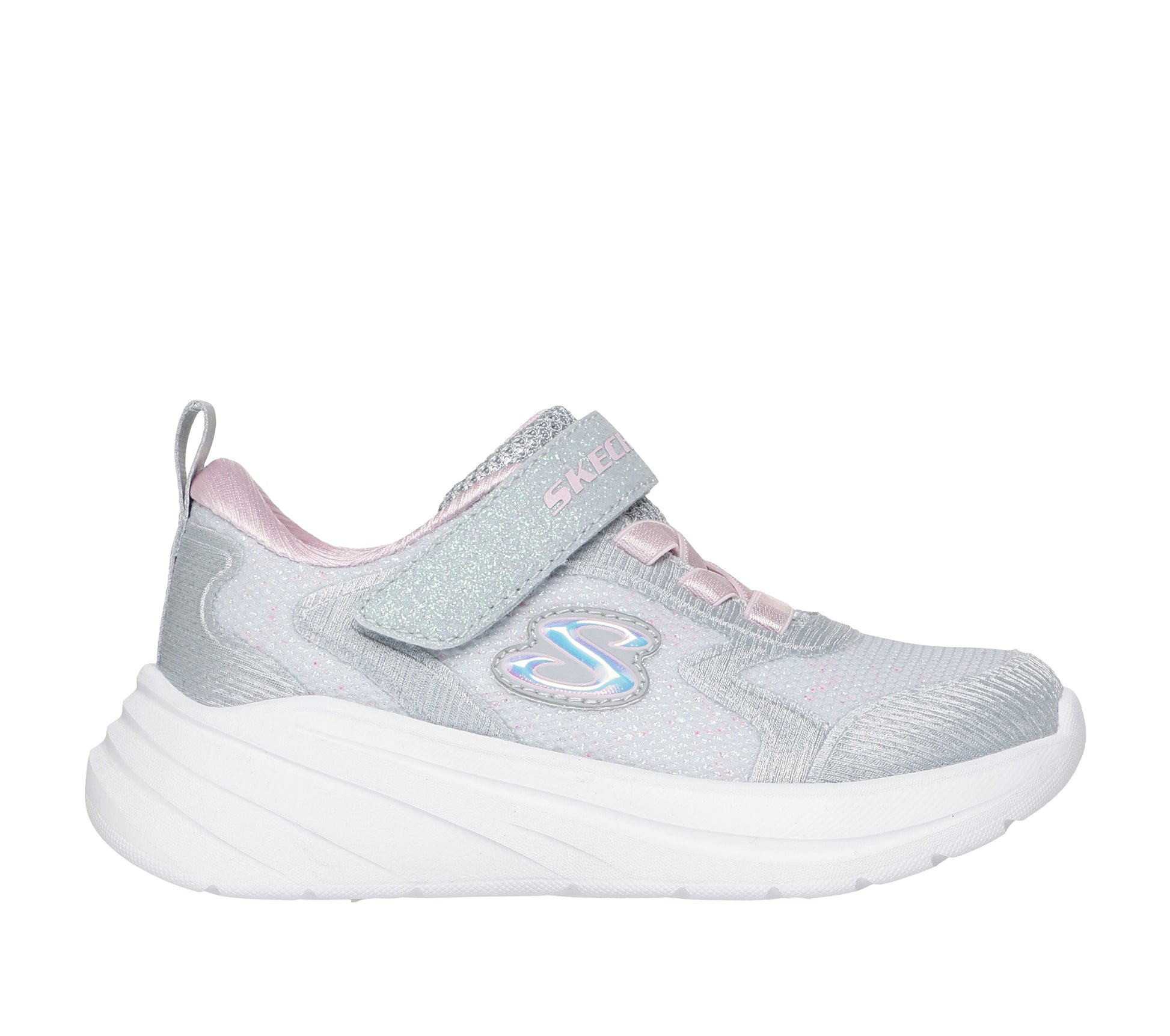 Skechers Wave 92 girls trainer in light grey with a Velcro strap and white sole. Right side view.