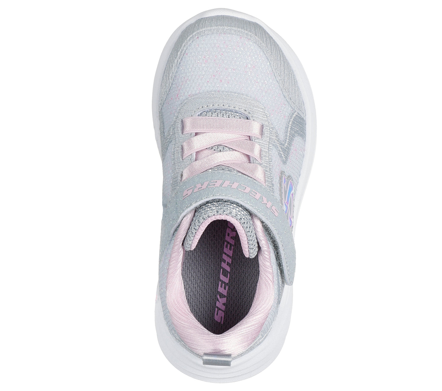 Skechers Wave 92 girls trainer in light grey with a Velcro strap and white sole. Top view.