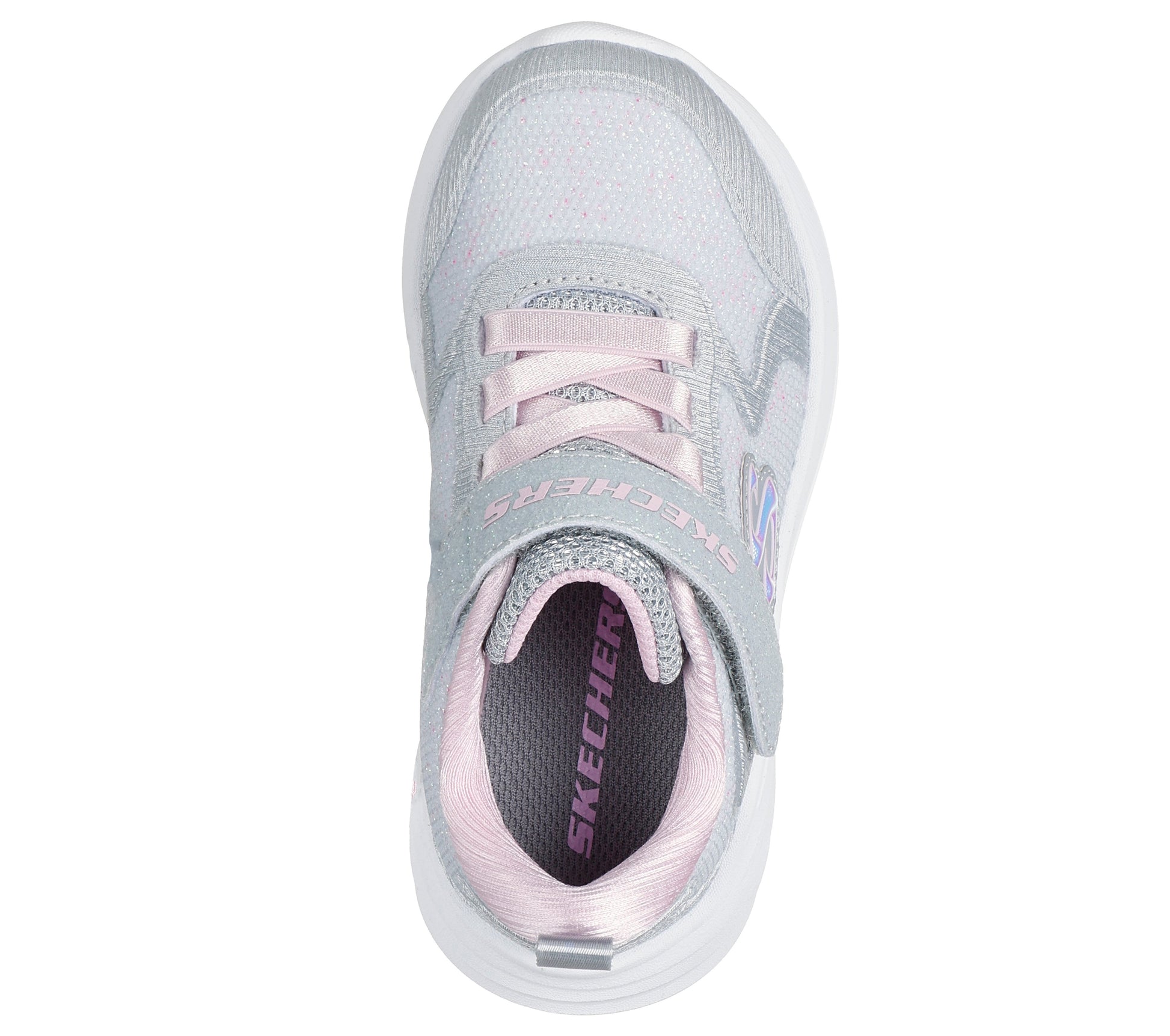 Skechers Wave 92 girls trainer in light grey with a Velcro strap and white sole. Top view.