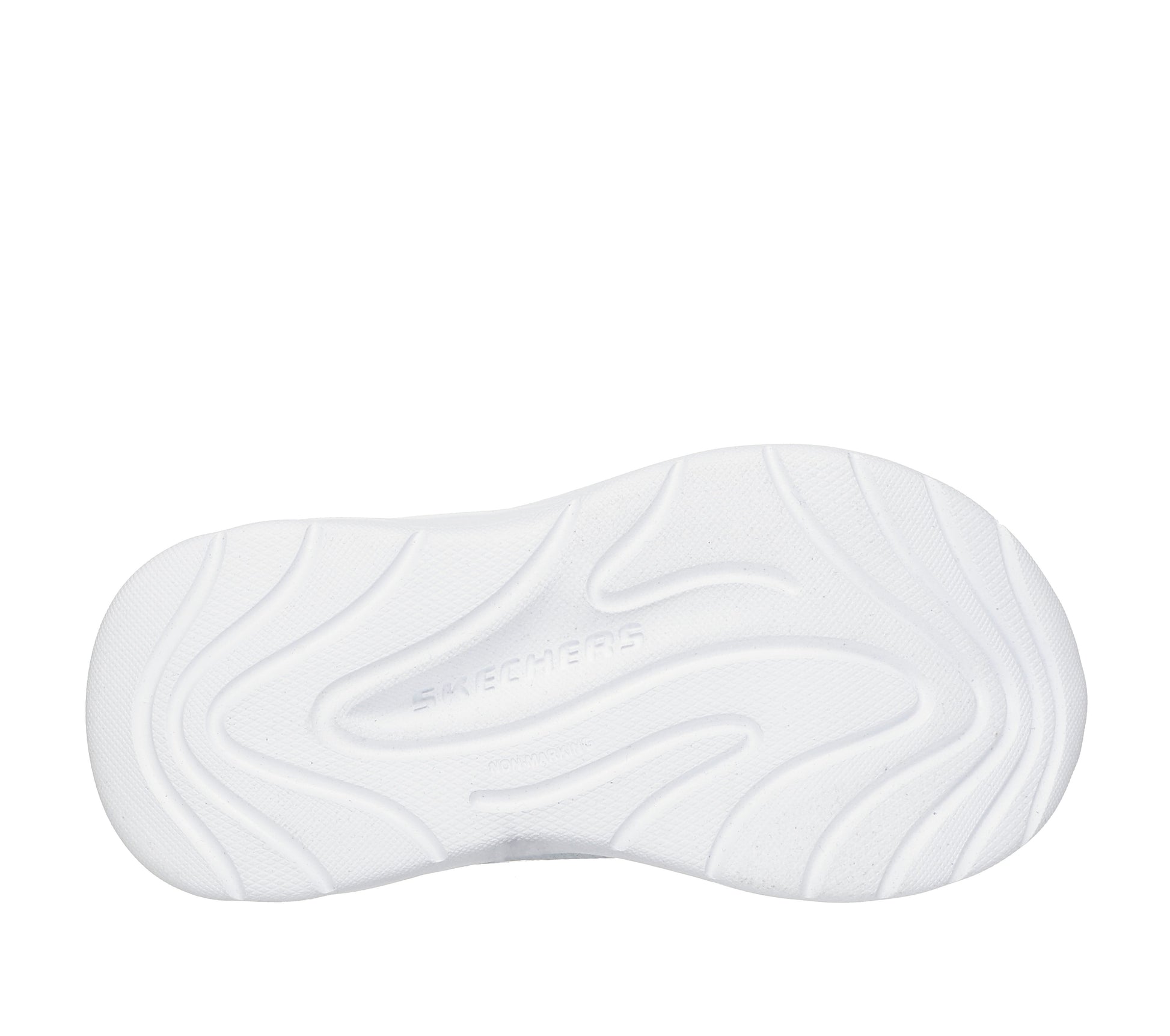 Skechers Wave 92 girls trainer in light grey with a Velcro strap and white sole. View of sole. 