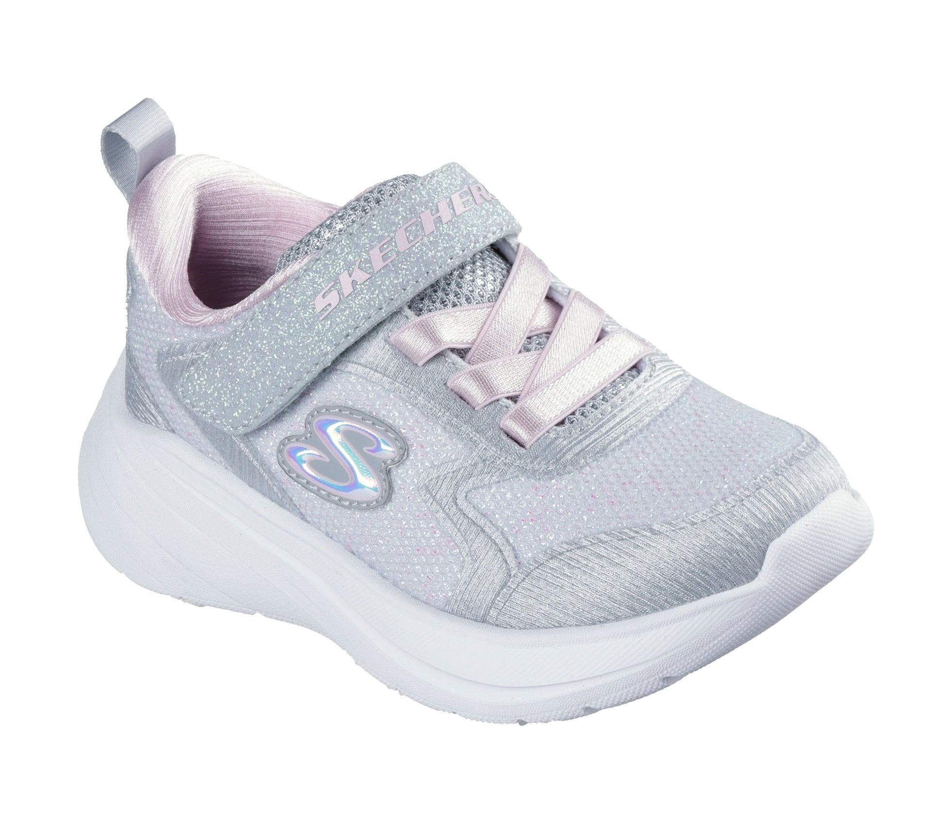 Skechers Wave 92 girls trainer in light grey with a Velcro strap and white sole. Front right view.