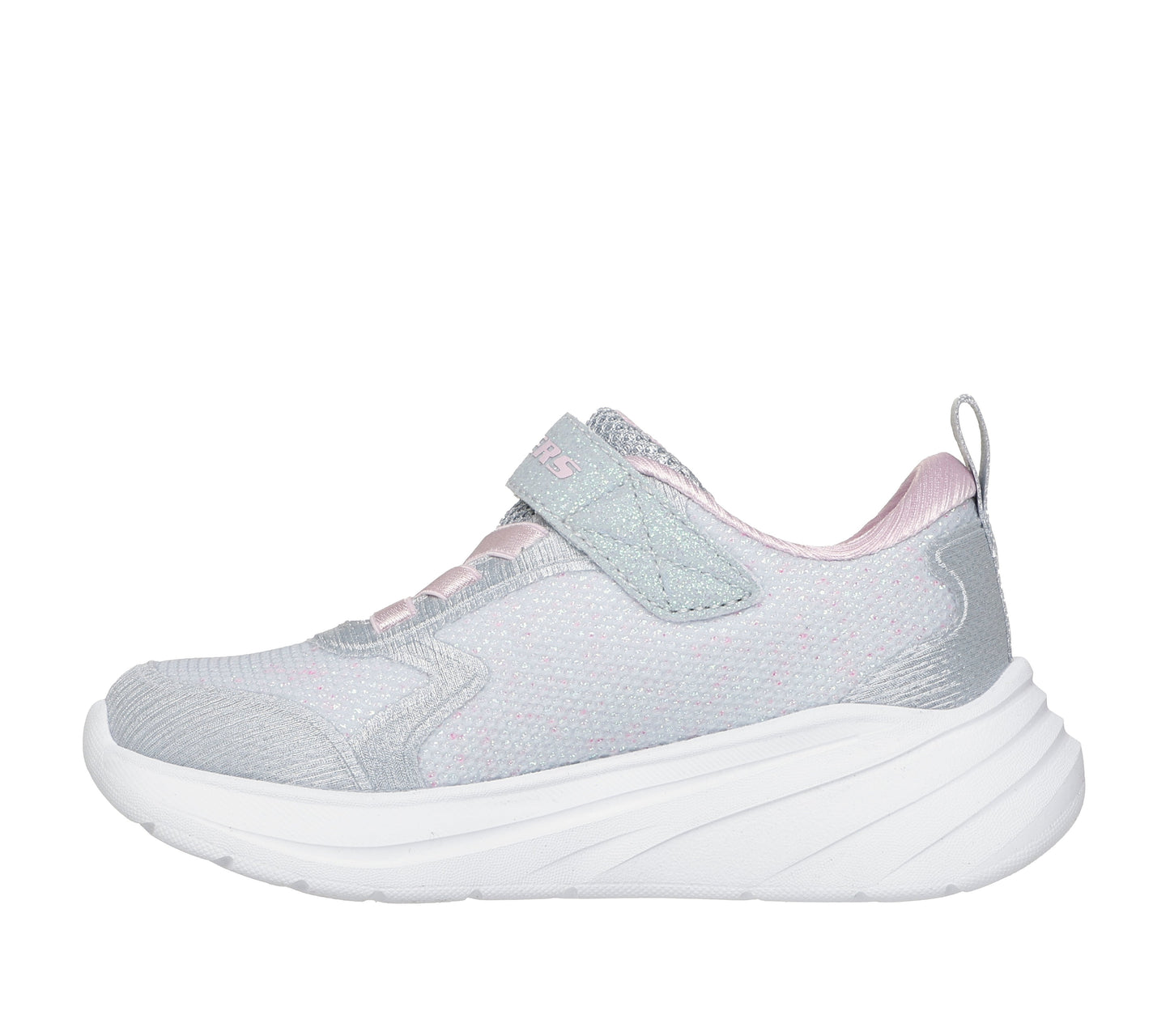 Skechers Wave 92 girls trainer in light grey with a Velcro strap and white sole. Inner right side view.