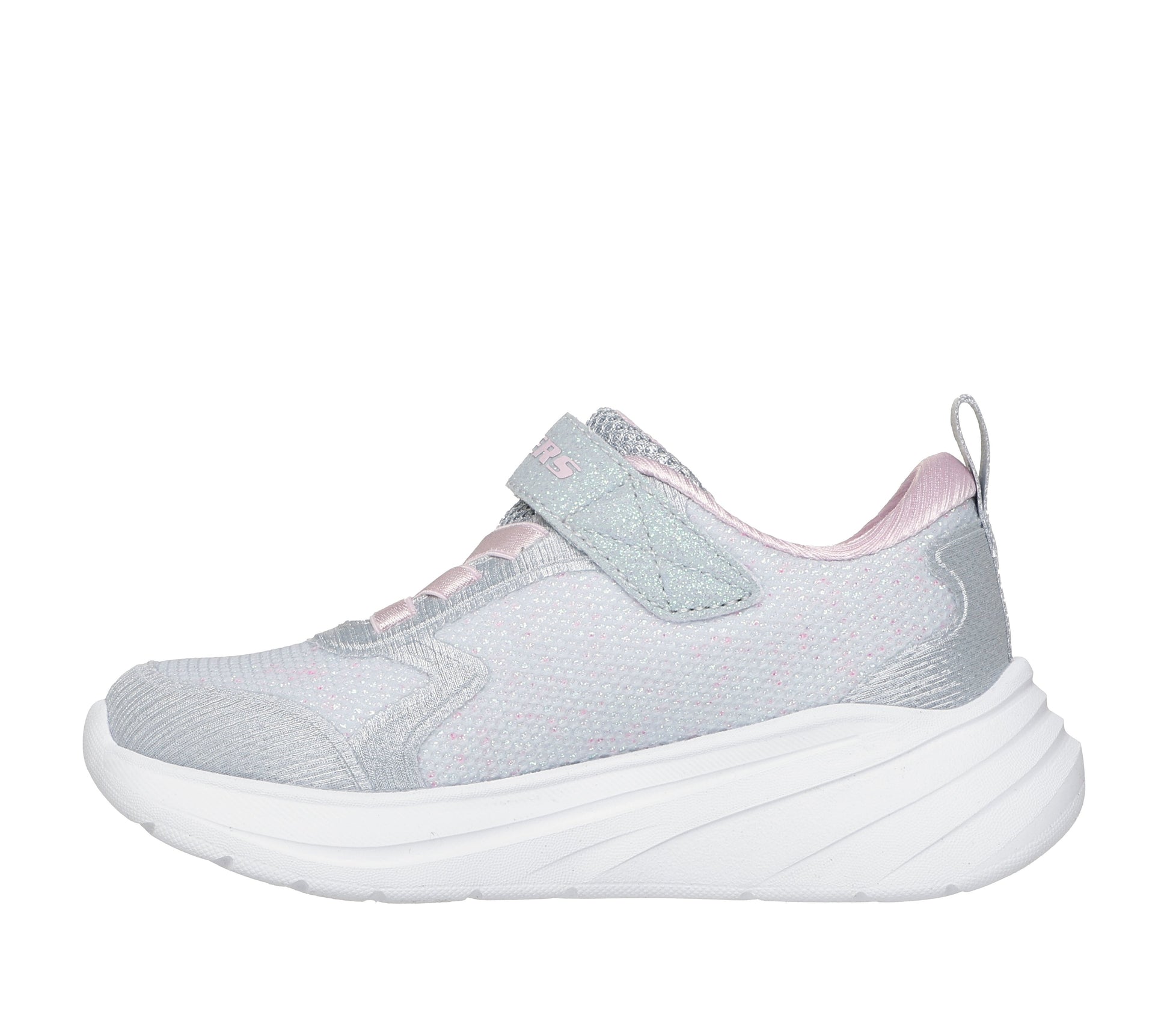 Skechers Wave 92 girls trainer in light grey with a Velcro strap and white sole. Inner right side view.