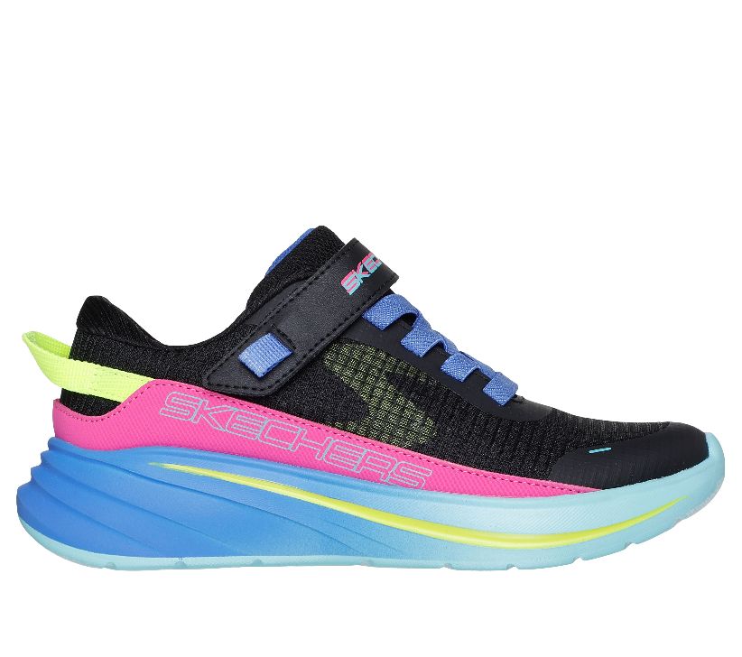 A girls casual trainer by Skechers, style Wave 92 Imara Lite 303571L, in Black with yellow ,pink and lilac accents and lilac sole. Velcro fastening. Right side view.