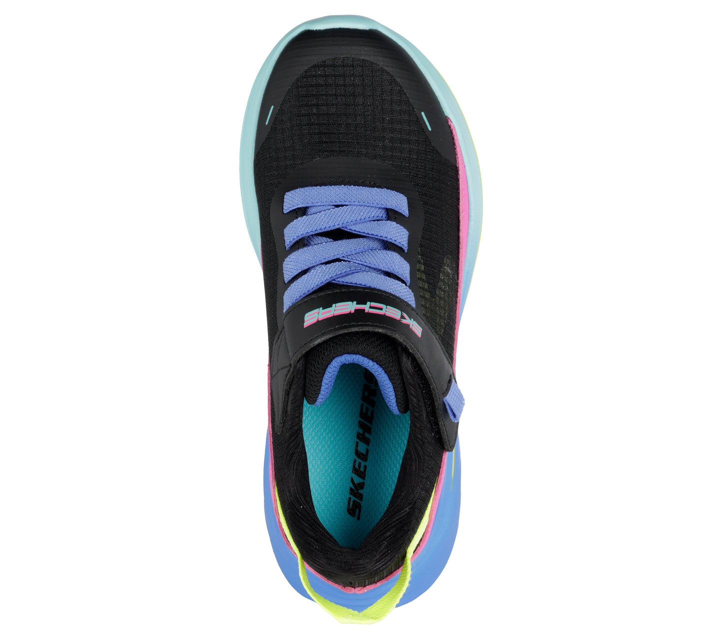 A girls casual trainer by Skechers, style Wave 92 Imara Lite 303571L, in Black with yellow ,pink and lilac accents and lilac sole. Velcro fastening. Above view.