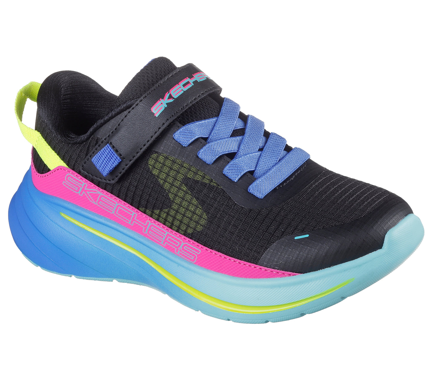 A girls casual trainer by Skechers, style Wave 92 Imara Lite 303571L, in Black with yellow ,pink and lilac accents and lilac sole. Velcro fastening. Right side view.