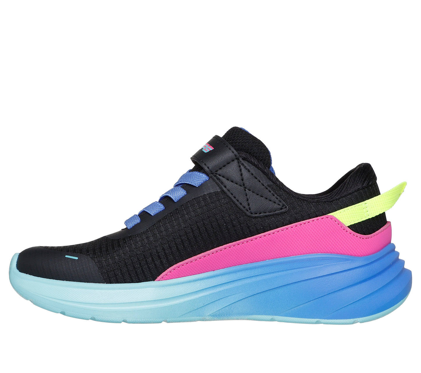 A girls casual trainer by Skechers, style Wave 92 Imara Lite 303571L, in Black with yellow ,pink and lilac accents and lilac sole. Velcro fastening. Left side view.