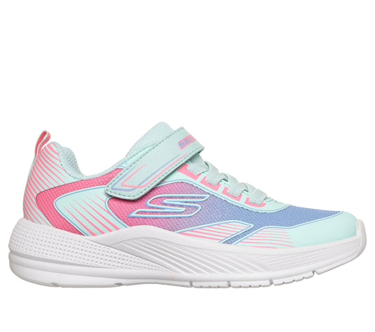 A girls trainer by Skechers, style Microspec Advance in aqua/multi with velcro strap and elastic laces and pink/blue ombre pattern with logo on side. Right side view