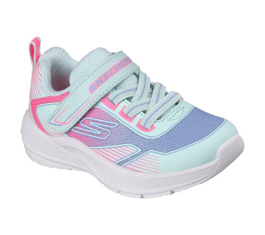 A girls trainer by Skechers, style Microspec Advance in aqua/multi with velcro strap and elastic laces and pink/blue ombre pattern with logo on side. Angled right side view