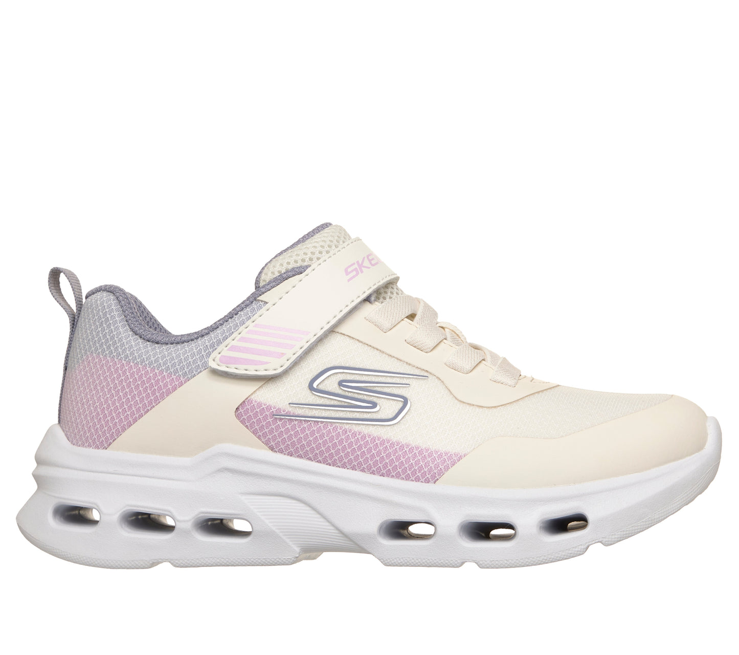 A girls trainer by Skechers, style Glide Step Drift in natural/multi, with velcro strap, elastic laces and logo on side. Right side view
