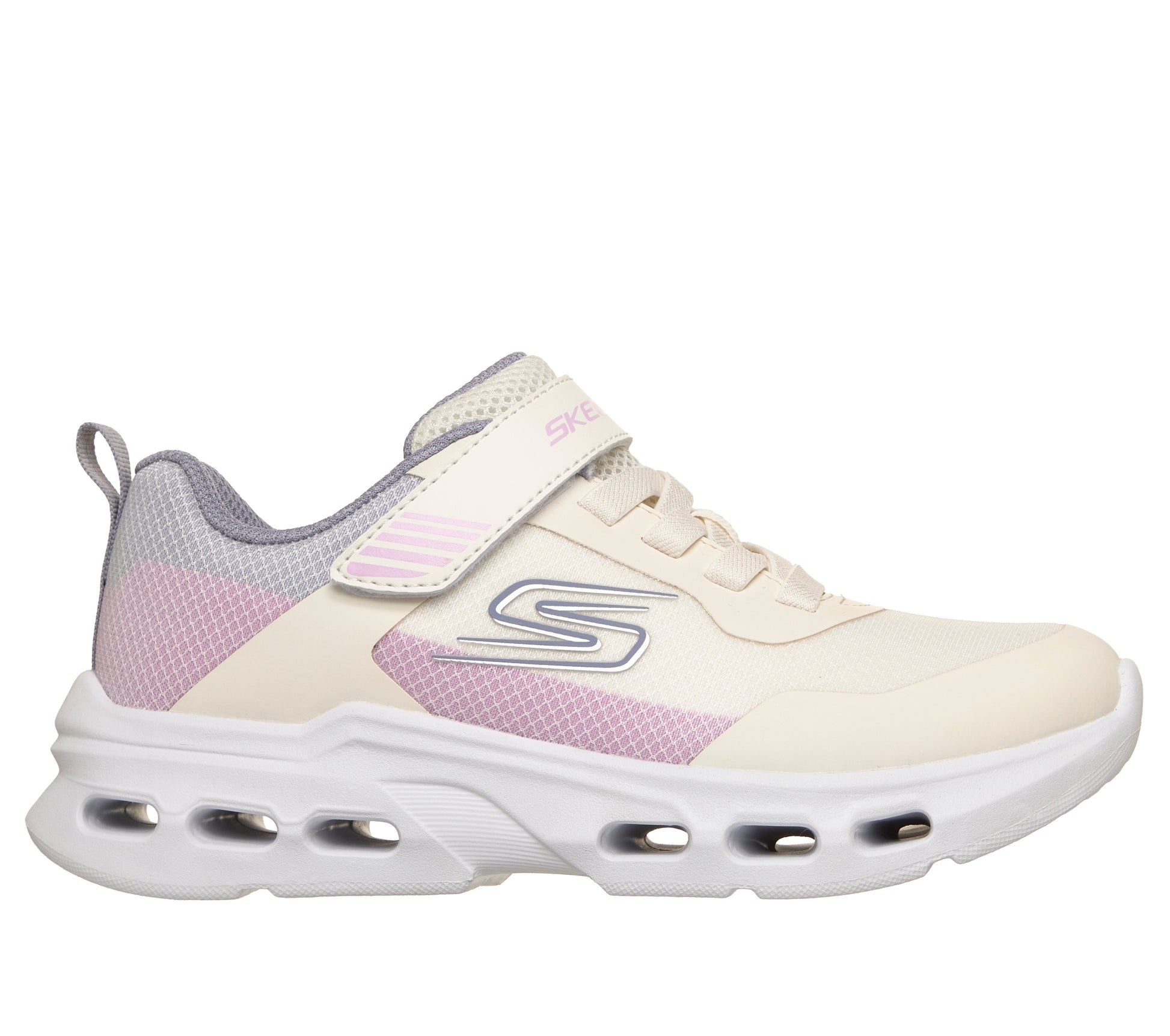 A girls trainer by Skechers, style Glide Step Drift in natural/multi, with velcro strap, elastic laces and logo on side. Right side view