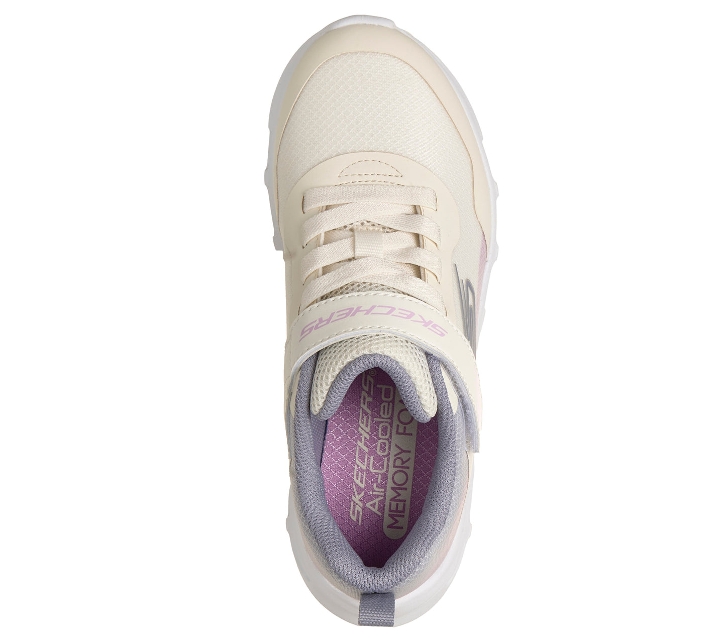 A girls trainer by Skechers, style Glide Step Drift in natural/multi, with velcro strap, elastic laces and logo on side. Top view