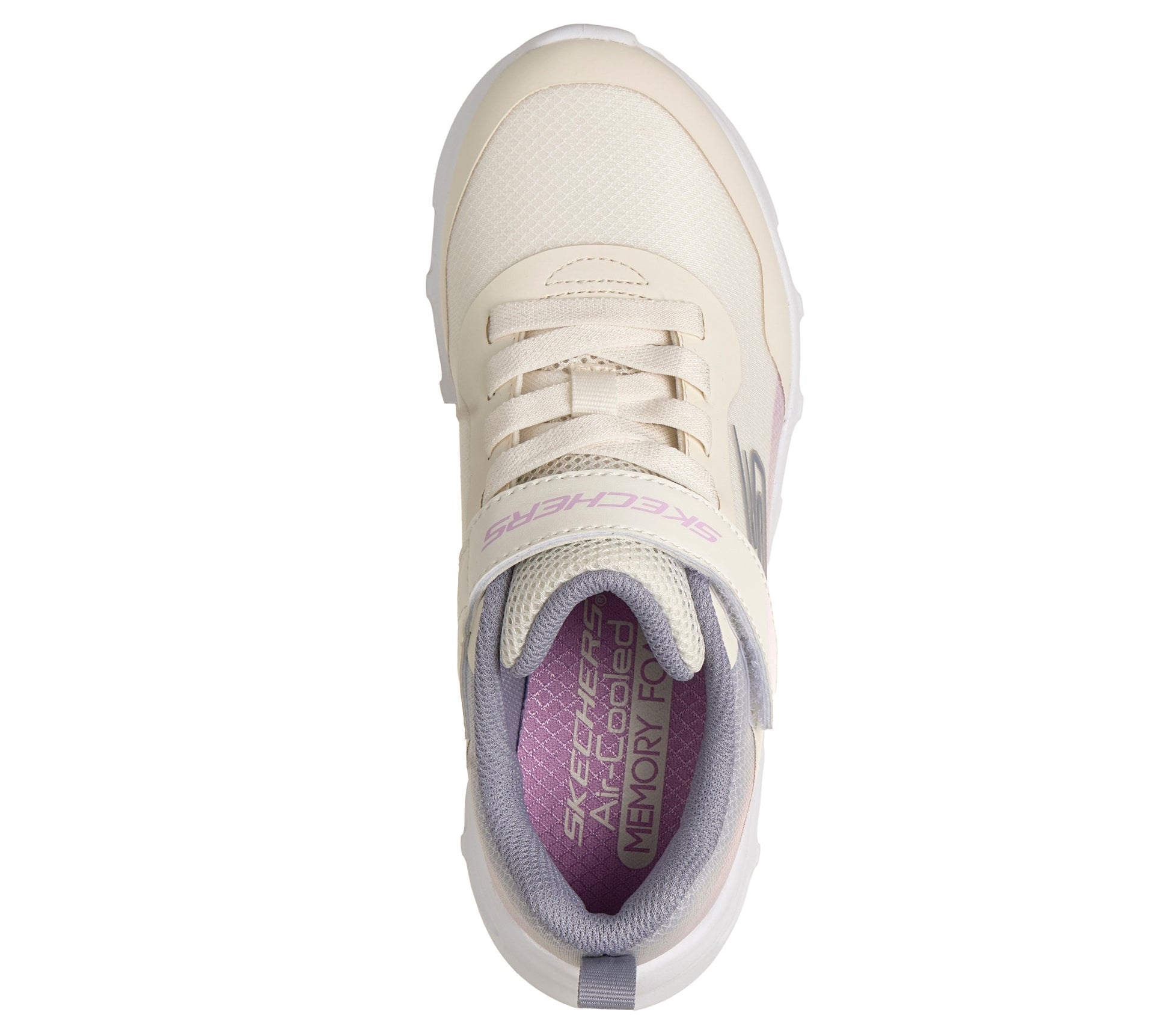 A girls trainer by Skechers, style Glide Step Drift in natural/multi, with velcro strap, elastic laces and logo on side. Top view
