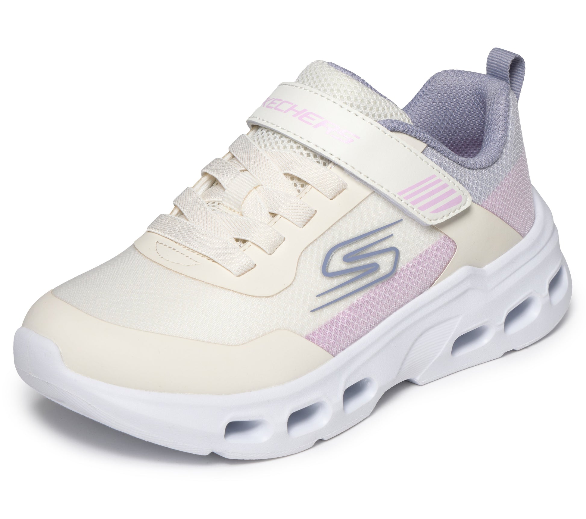 A girls trainer by Skechers, style Glide Step Drift in natural/multi, with velcro strap, elastic laces and logo on side. Angled front view