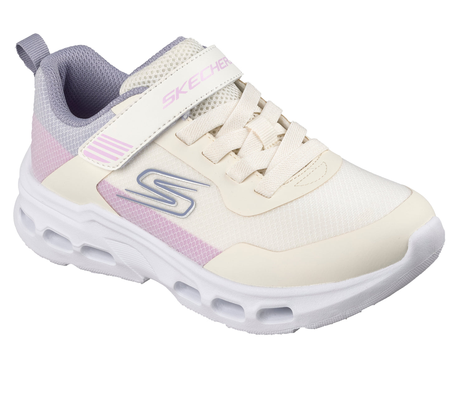A girls trainer by Skechers, style Glide Step Drift in natural/multi, with velcro strap, elastic laces and logo on side. Angled side view