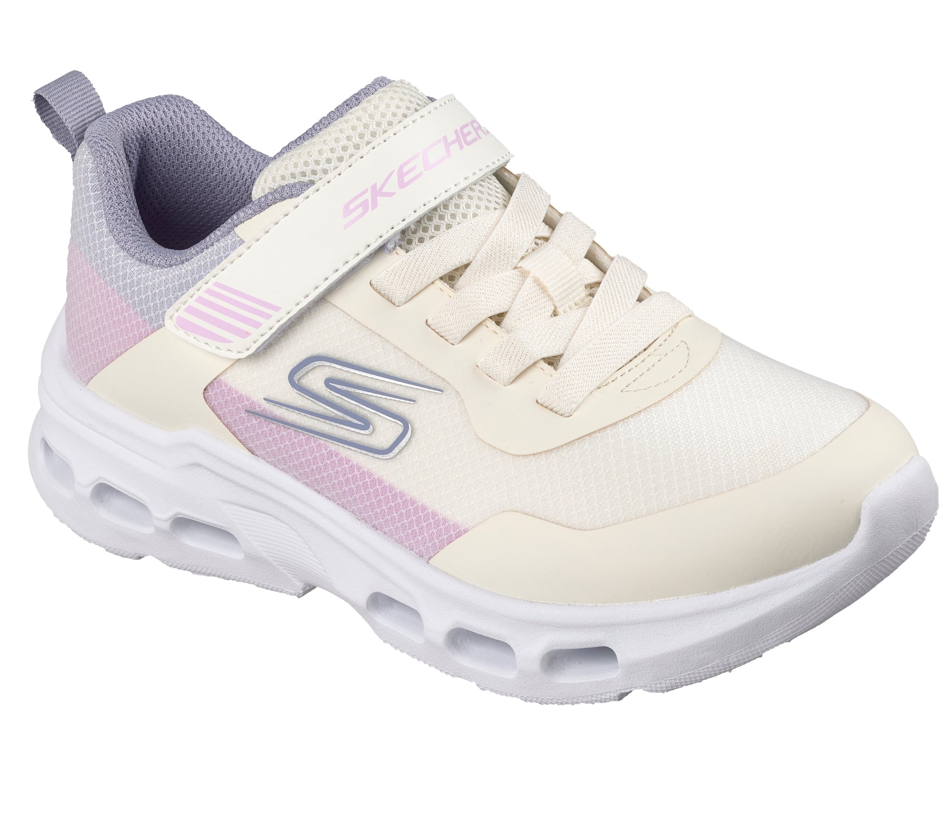 A girls trainer by Skechers, style Glide Step Drift in natural/multi, with velcro strap, elastic laces and logo on side. Angled side view