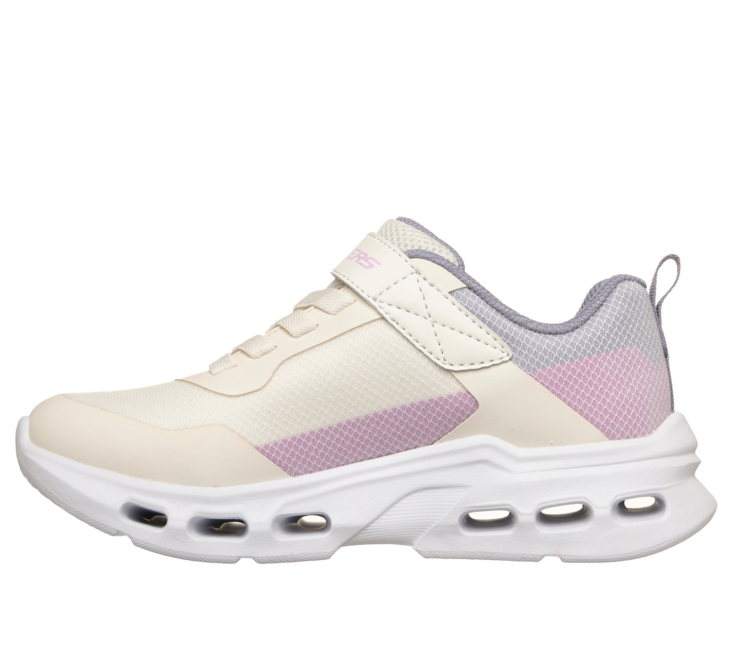 A girls trainer by Skechers, style Glide Step Drift in natural/multi, with velcro strap, elastic laces and logo on side. Inner right side view