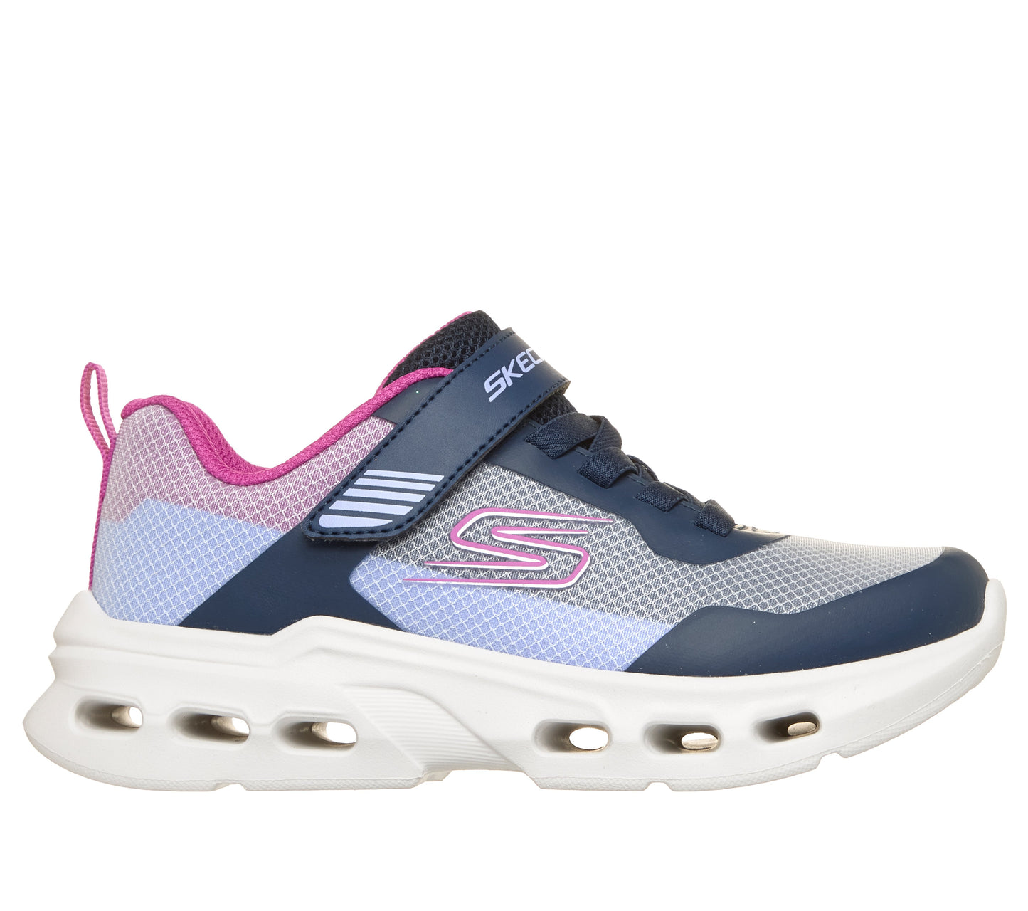 Skechers girls trainer in the style Glide Step Drift in navy and light blue with a Velcro strap and white sole. Right side view.