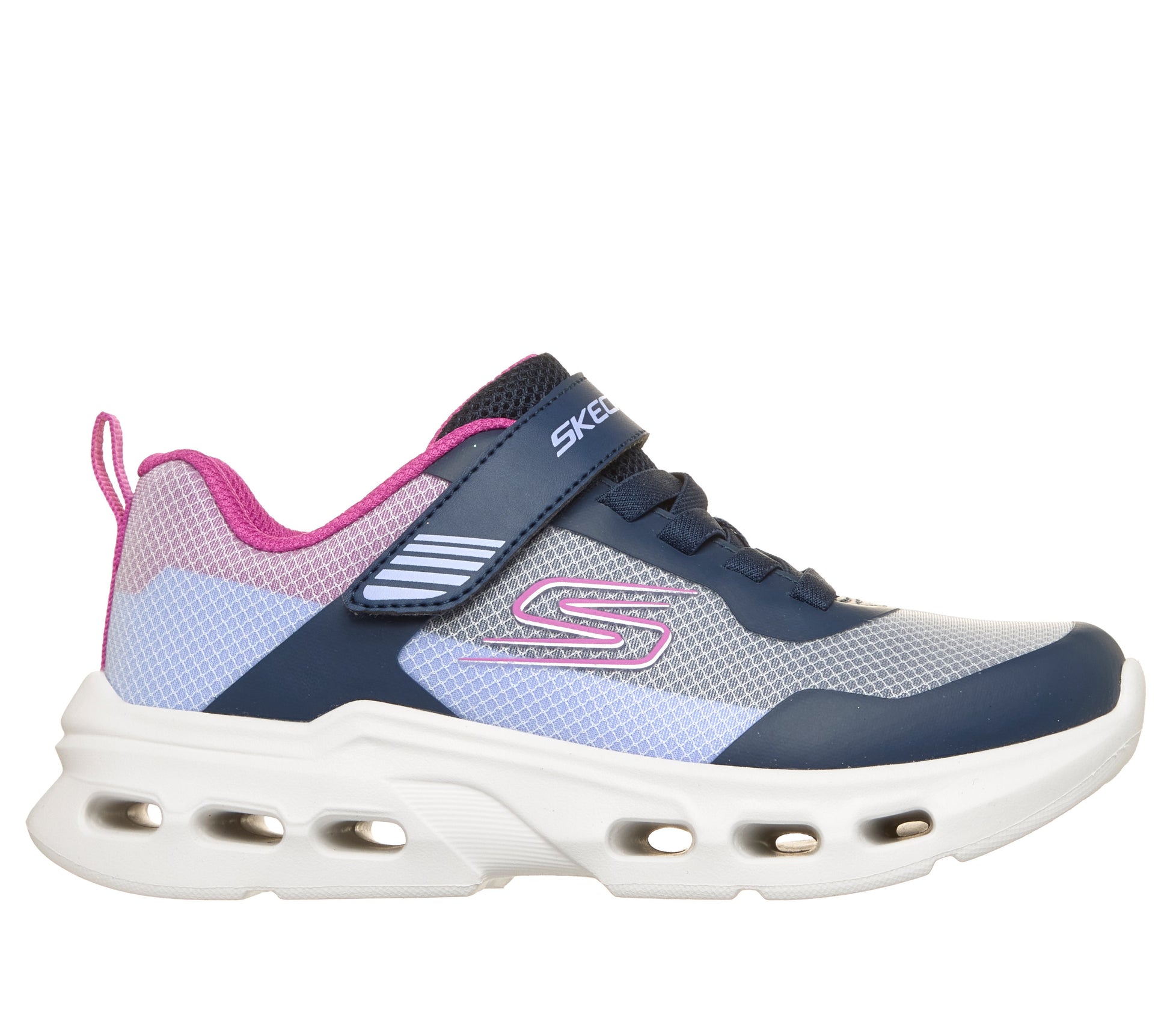 Skechers girls trainer in the style Glide Step Drift in navy and light blue with a Velcro strap and white sole. Right side view.