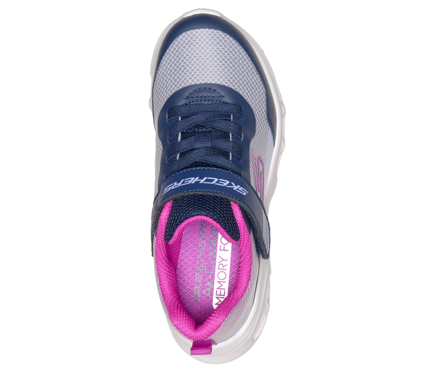 Skechers girls trainer in the style Glide Step Drift in navy and light blue with a Velcro strap and white sole. Top view.