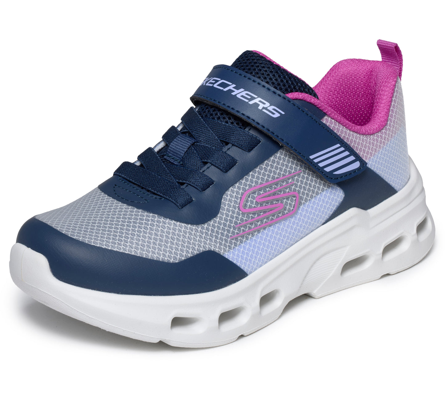 Skechers girls trainer in the style Glide Step Drift in navy and light blue with a Velcro strap and white sole. Left side view.