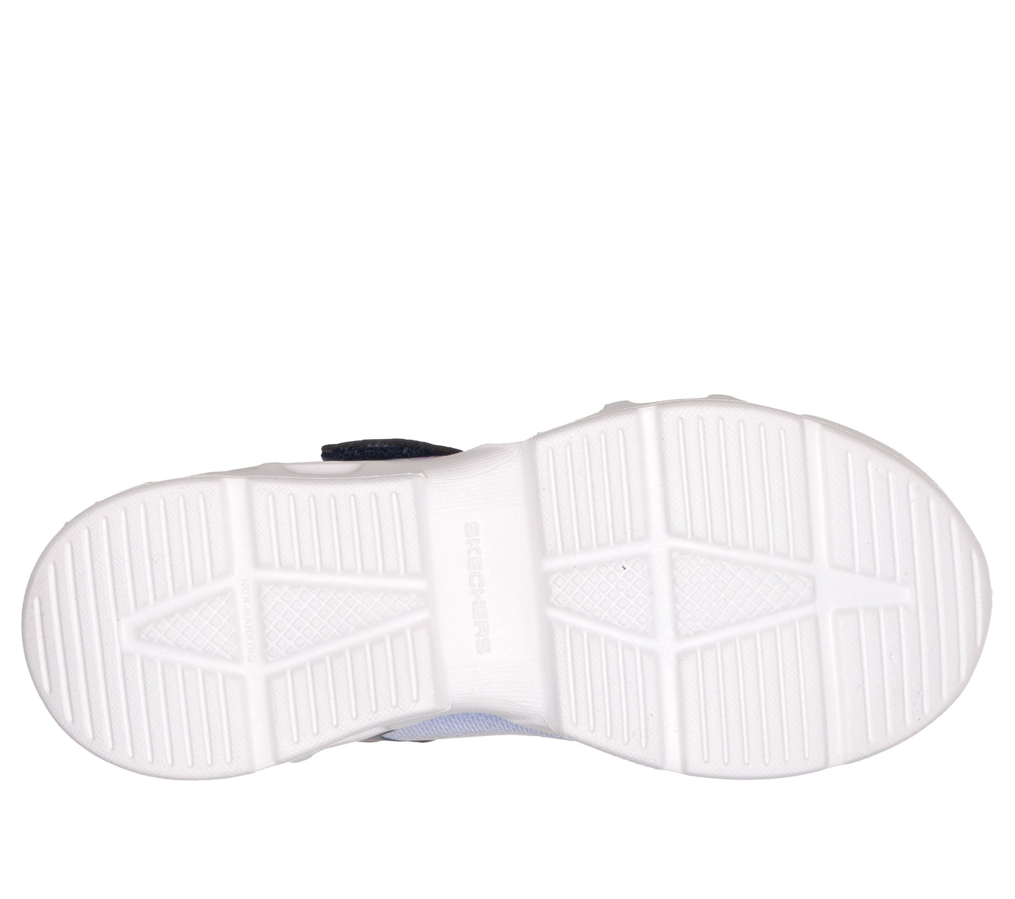 Skechers girls trainer in the style Glide Step Drift in navy and light blue with a Velcro strap and white sole. View of sole.