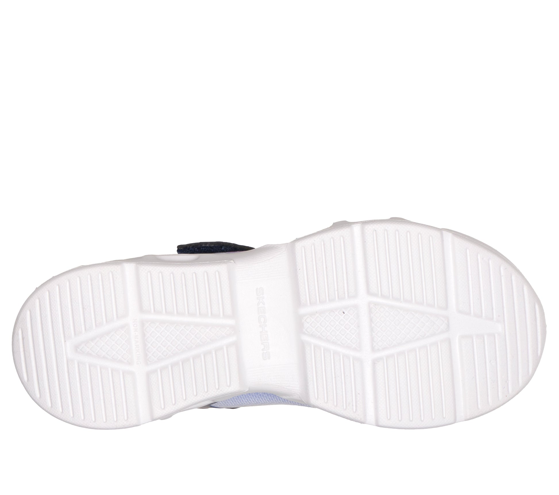 Skechers girls trainer in the style Glide Step Drift in navy and light blue with a Velcro strap and white sole. View of sole.