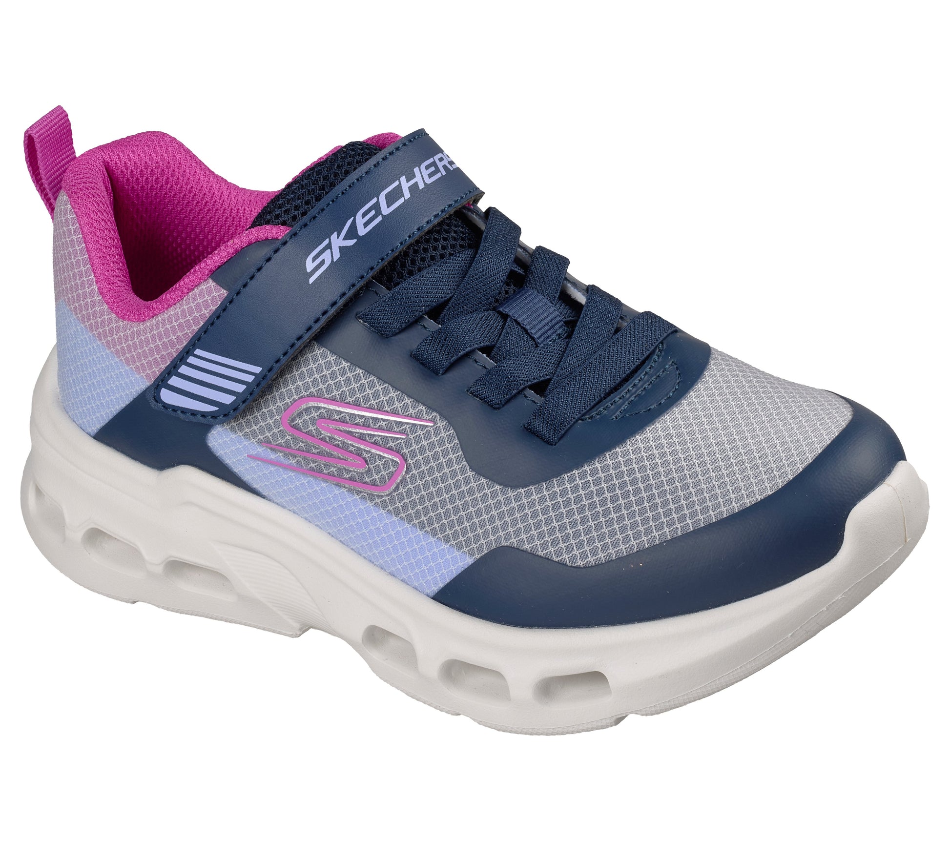 Skechers girls trainer in the style Glide Step Drift in navy and light blue with a Velcro strap and white sole. Right side view.