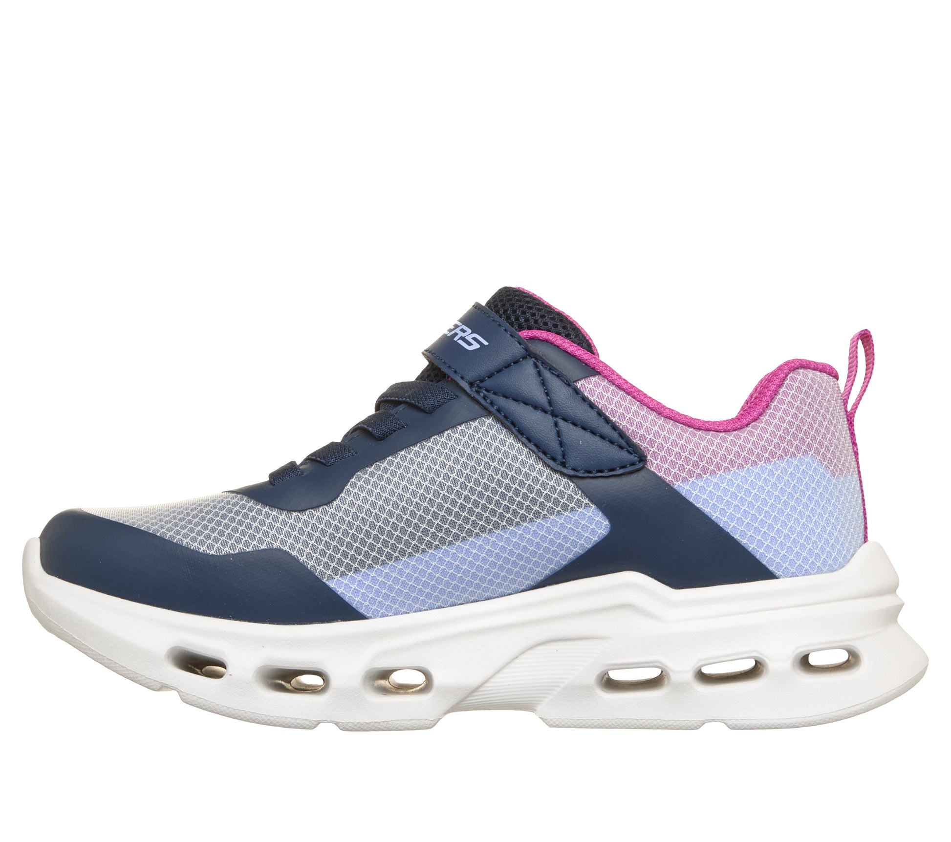 Skechers girls trainer in the style Glide Step Drift in navy and light blue with a Velcro strap and white sole. Inner right side view.
