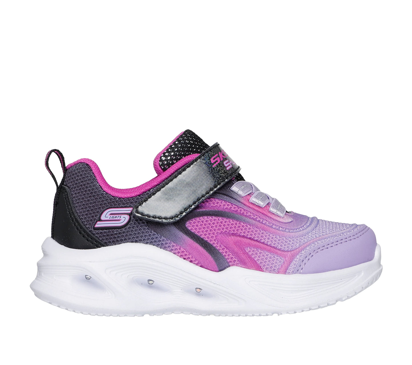 A girls trainer by Skechers, style Sola Glow Colour Breeze 303713N, in black, pink and lilac with velcro fastening and light up sole. Right side view.