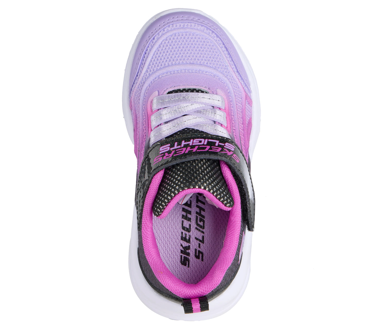 A girls trainer by Skechers, style Sola Glow Colour Breeze 303713N, in black, pink and lilac with velcro fastening and light up sole. Above view.