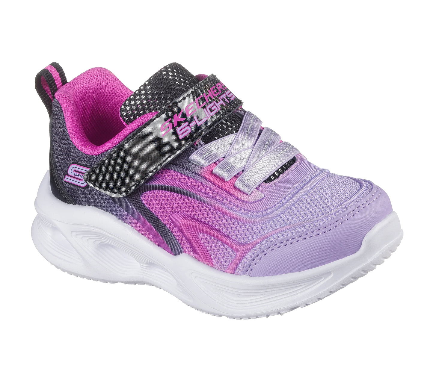 A girls trainer by Skechers, style Sola Glow Colour Breeze 303713N, in black, pink and lilac with velcro fastening and light up sole. Angled right side view.