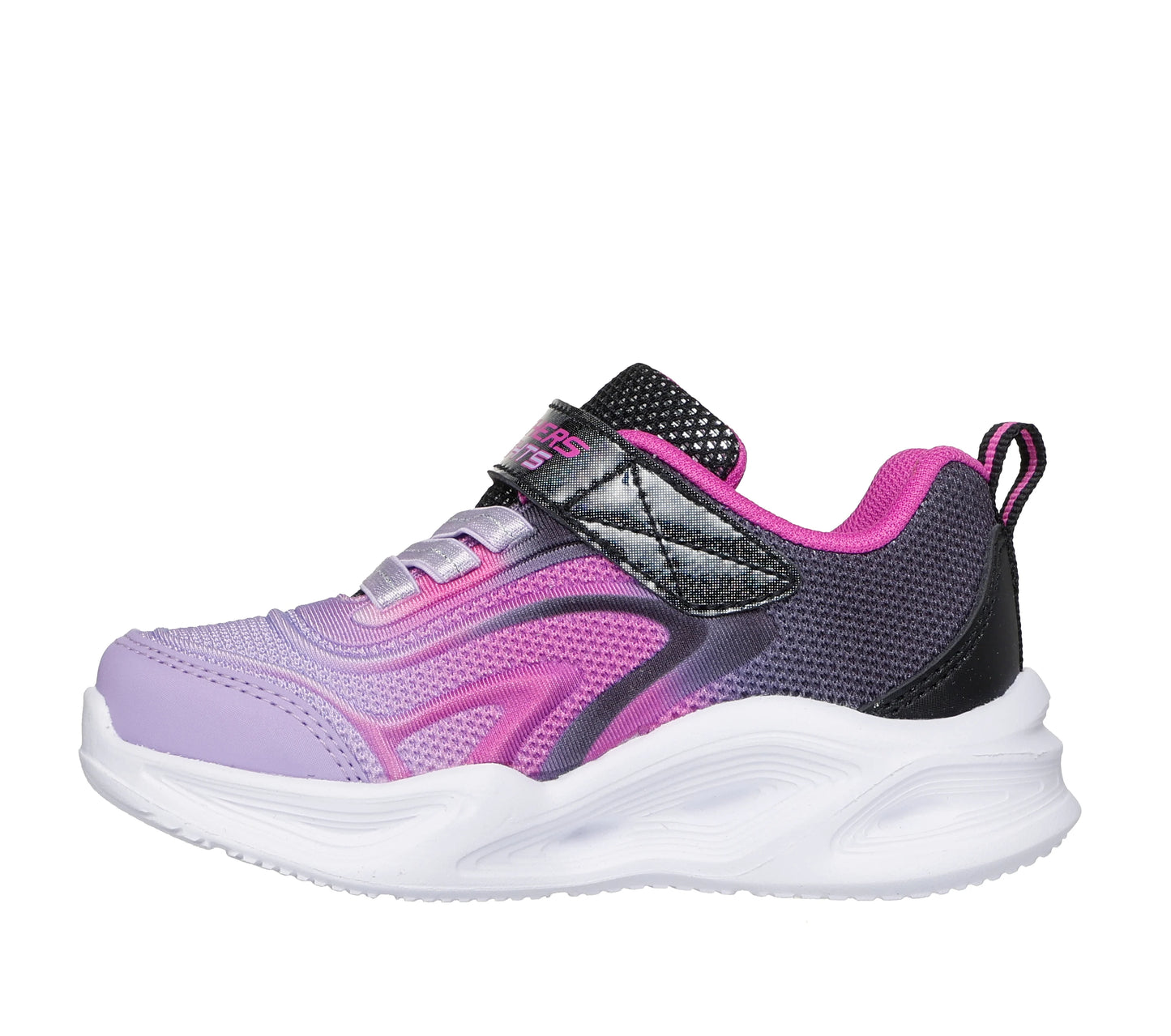 A girls trainer by Skechers, style Sola Glow Colour Breeze 303713N, in black, pink and lilac with velcro fastening and light up sole. Left side view.
