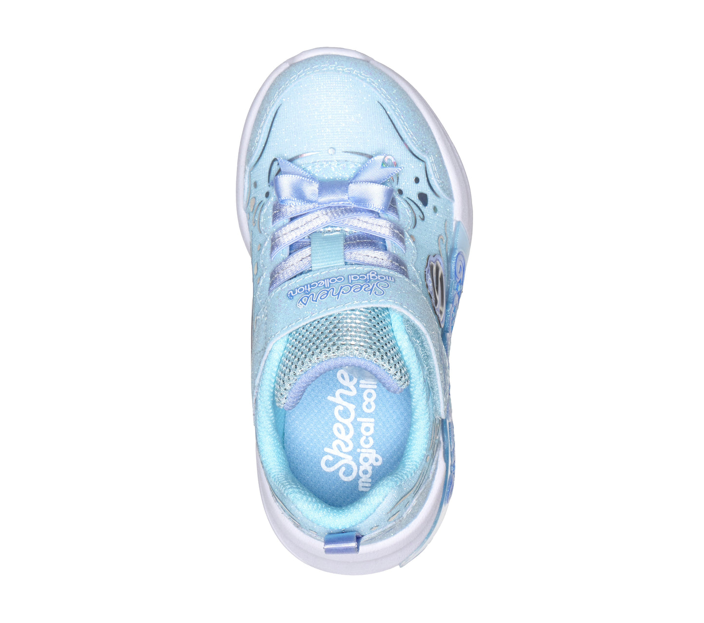 Skechers Lil Princess steps trainer in light blue with decoration on the side, a Velcro strap and white sole. Top view