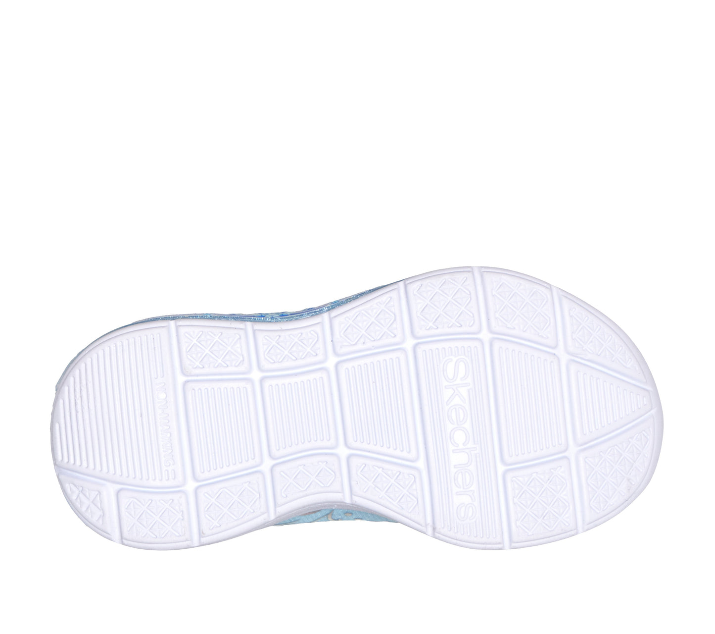 Skechers Lil Princess steps trainer in light blue with decoration on the side, a Velcro strap and white sole. View of sole. 