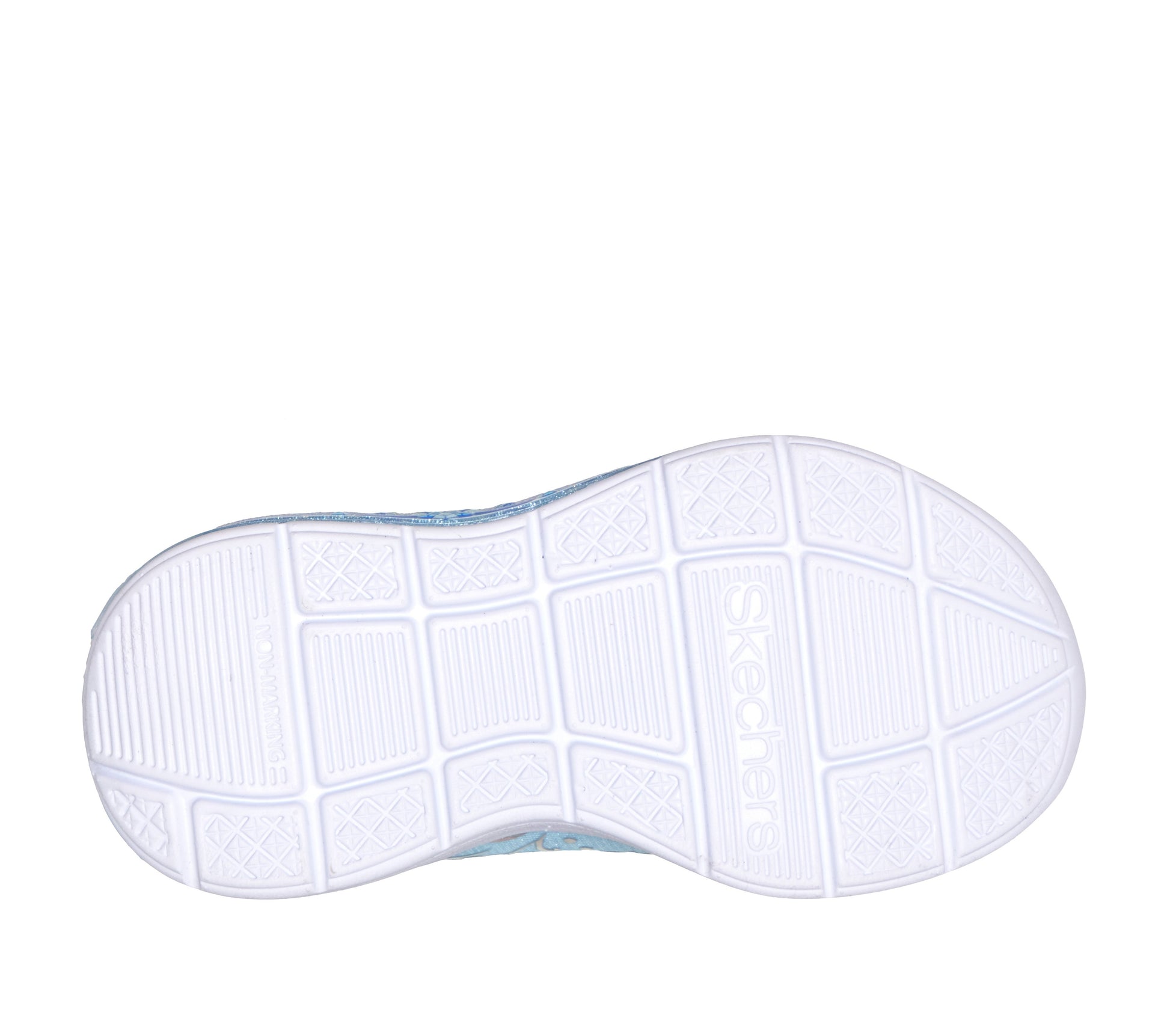 Skechers Lil Princess steps trainer in light blue with decoration on the side, a Velcro strap and white sole. View of sole. 