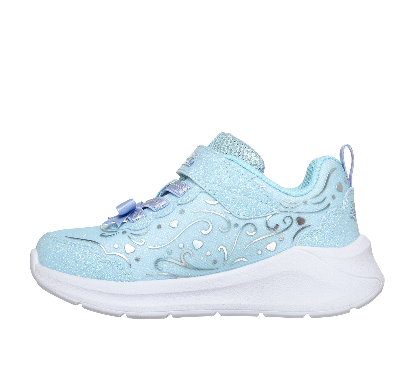 Skechers Lil Princess steps trainer in light blue with decoration on the side, a Velcro strap and white sole. Inner right side view. 