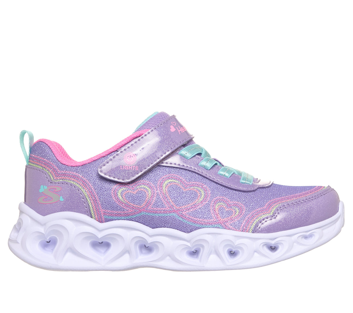 Skechers Heart Lights trainers in lilac with heart details, lights, a Velcro strap and a white sole. Right side view