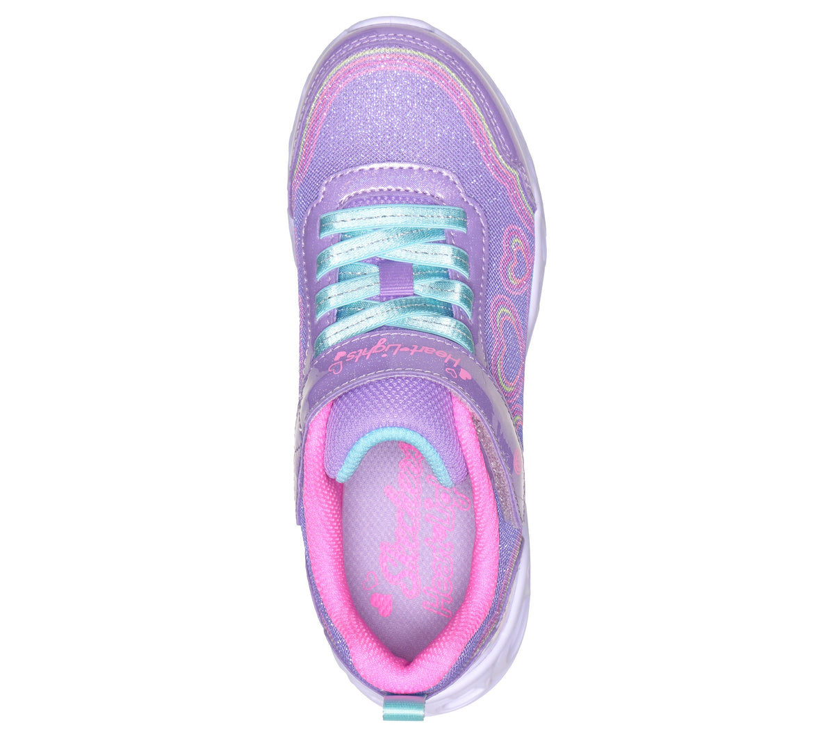 Skechers Heart Lights trainers in lilac with heart details, lights, a Velcro strap and a white sole. Top view