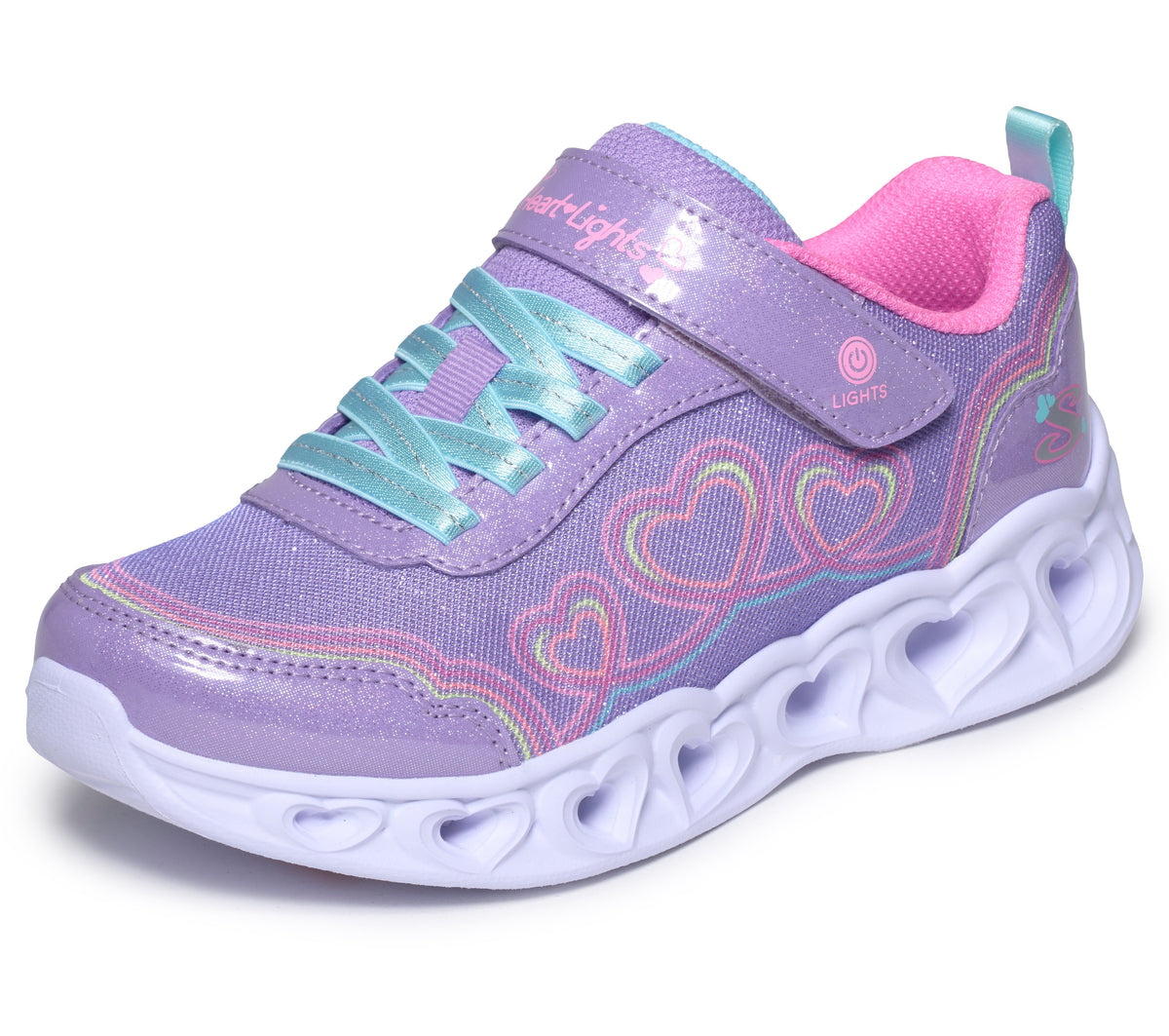 Skechers Heart Lights trainers in lilac with heart details, lights, a Velcro strap and a white sole. Front left view