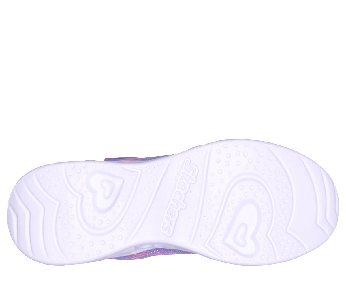 Skechers Heart Lights trainers in lilac with heart details, lights, a Velcro strap and a white sole. View of sole