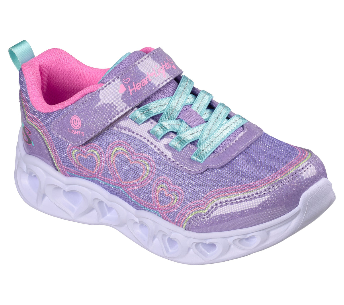 Skechers Heart Lights trainers in lilac with heart details, lights, a Velcro strap and a white sole. Inner left side view