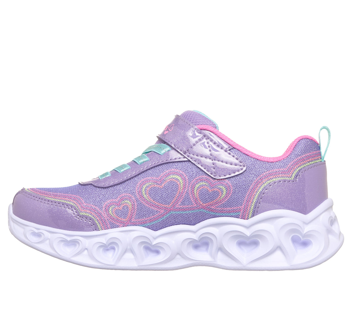 Skechers Heart Lights trainers in lilac with heart details, lights, a Velcro strap and a white sole. Inner right side view
